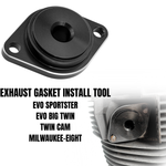 The Moto Iron® Exhaust Gasket Installation Tool for 1984-Up Harley-Davidson Big Twin and Sportster is shown both separately and mounted on an engine, with compatible Harley-Davidson models listed in bold text.