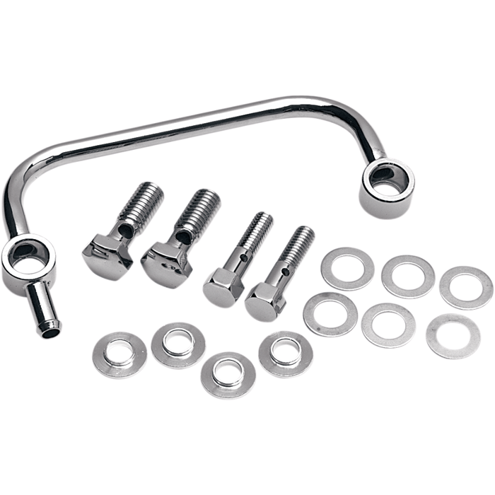 The Drag Specialties Head Breather Kit for Harley-Davidson Big Twin Evo and Twin Cam with aftermarket air cleaner features a curved handle, four rectangular-head bolts, and eight flat washers displayed on a white background.
