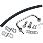 The Drag Specialties Head Breather Kit for Harley-Davidson Evo Sportster with Aftermarket Air Cleaner includes bolts, washers, brackets, a U-shaped pipe, and a black rubber hose arranged on a white background.