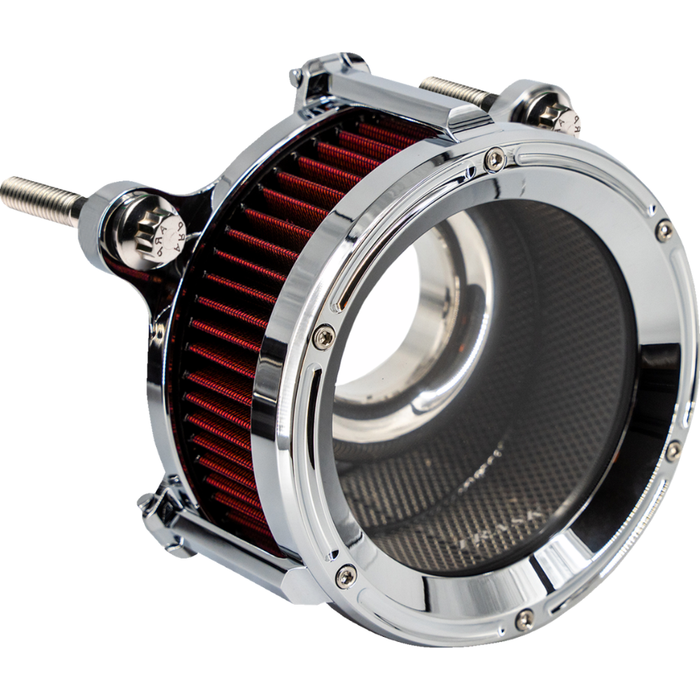 The Trask Assault Charge High-Flow Air Cleaner for Second Gen Harley-Davidson M8 features two round filters—chrome or black—with exposed red elements and visible mounting bolts, giving your bike&