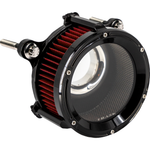 The Trask Assault Charge High-Flow Air Cleaner for Second Gen Harley-Davidson M8 features two round filters—chrome or black—with exposed red elements and visible mounting bolts, giving your bike's intake system an aggressive look.