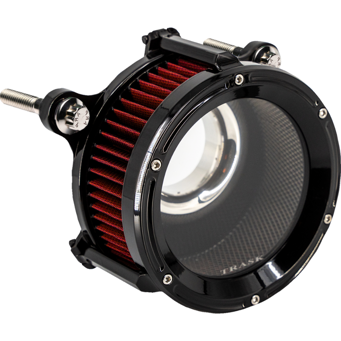 The Trask Assault Charge High-Flow Air Cleaner for Second Gen Harley-Davidson M8 features two round filters—chrome or black—with exposed red elements and visible mounting bolts, giving your bike&