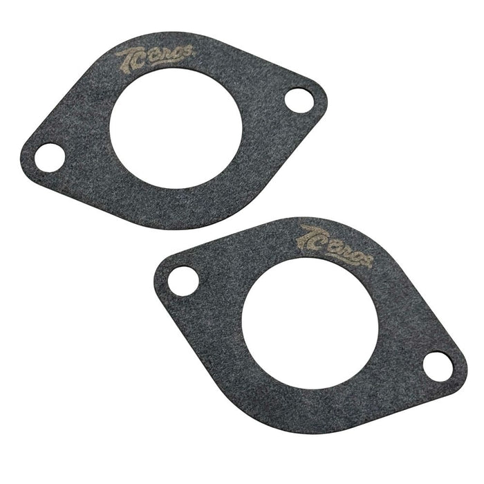 Two black oval TC Bros. Intake Manifold Gaskets for Yamaha XS650, each with a central circular opening and two bolt holes. "TC Bros." is printed in white on the surface.
