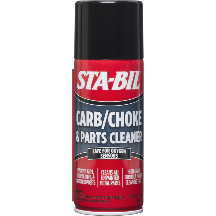 A red aerosol can of Sta-Bil Carburetor Cleaner by Sta-Bil, a powerful cleaner that’s safe for oxygen sensors and perfect for cleaning unpainted metal parts in carbureted engines.