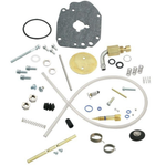The S&S Master Rebuild Kit for Super E Carburetor by S&S Cycle, featuring all the essential screws, gaskets, springs, hoses, fittings, and fasteners needed for a complete carburetor overhaul, is arranged on a white background.