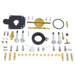 The Wyatt Gatling Master Rebuild Kit for Super B Carburetor by Wyatt Gatling includes various parts such as screws, gaskets, jets, O-rings, and brass fittings, all organized neatly on a white background.