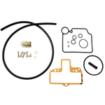 A selection of components from the Wyatt Gatling Rebuild Kit for Mikuni HSR Carburetor is displayed on a white background, featuring gaskets, screws, tubing, a primer bulb, and a small rubber part—all genuine Wyatt Gatling parts designed for servicing Mikuni HSR carburetors.