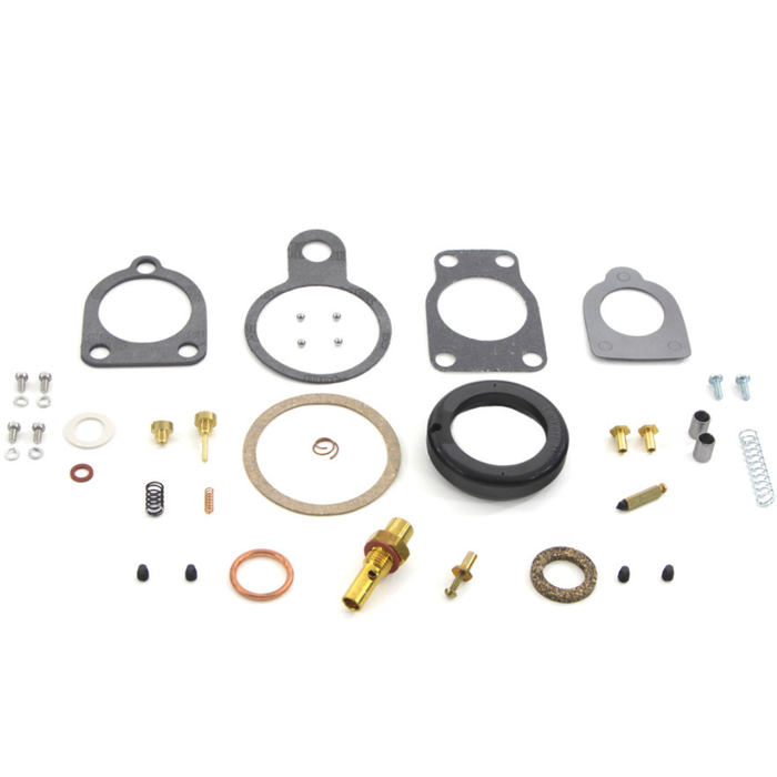 The Wyatt Gatling Rebuild Kit for Linkert Carburetor by Wyatt Gatling includes gaskets, screws, springs, needles, and seals neatly arranged in rows on a white background—ideal for overhauling your carburetor.