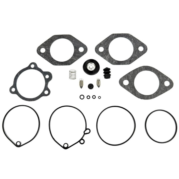 A selection of carburetor rebuild components—including gaskets, O-rings, springs, needle valves, and a diaphragm—neatly arranged on a white background; this set is the Wyatt Gatling Master Rebuild Kit for Keihin Butterfly Carburetor by Wyatt Gatling.
