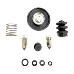 A selection of carburetor rebuild components—including gaskets, O-rings, springs, needle valves, and a diaphragm—neatly arranged on a white background; this set is the Wyatt Gatling Master Rebuild Kit for Keihin Butterfly Carburetor by Wyatt Gatling.