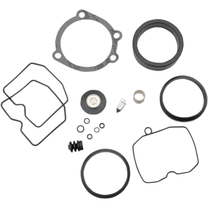 The Wyatt Gatling Master Rebuild Kit for Keihin Butterfly Carburetor includes an assortment of rubber and metal gaskets, seals, O-rings, and small hardware parts arranged on a white background—ideal for servicing Keihin Butterfly Carburetor models.