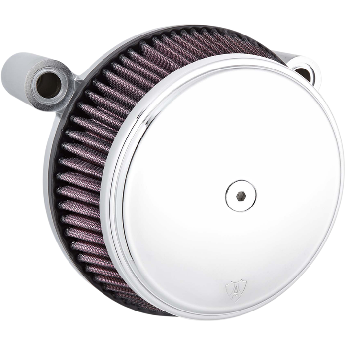 The Arlen Ness Big Sucker Stage 1 Air Cleaner for late Harley-Davidson Twin Cam models features a round chrome housing, a pleated purple filter element, and two metal mounting tubes.