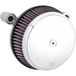The Arlen Ness Big Sucker Stage 1 Air Cleaner for late Harley-Davidson Twin Cam models features a round chrome housing, a pleated purple filter element, and two metal mounting tubes.