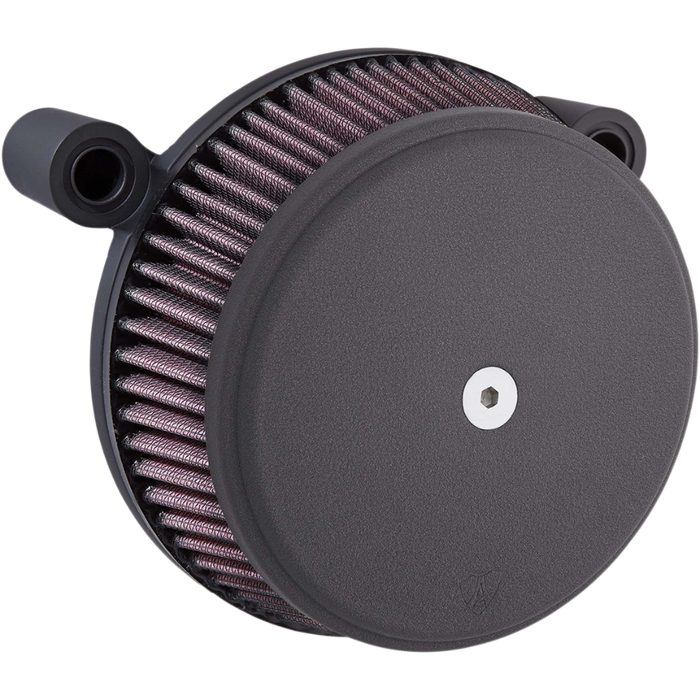 The Arlen Ness Big Sucker Stage 1 Air Cleaner for late Harley-Davidson Twin Cam models features a round chrome housing, a pleated purple filter element, and two metal mounting tubes.