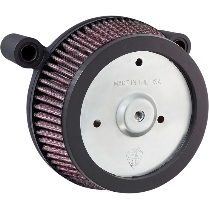 The Arlen Ness Big Sucker Stage 1 Air Cleaner for late Harley-Davidson Twin Cam models features a round chrome housing, a pleated purple filter element, and two metal mounting tubes.