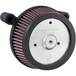 The Arlen Ness Big Sucker Stage 1 Air Cleaner for late Harley-Davidson Twin Cam models features a round chrome housing, a pleated purple filter element, and two metal mounting tubes.