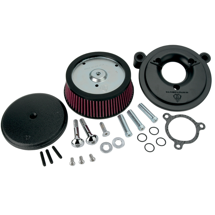 The Arlen Ness Big Sucker Stage 1 Air Cleaner for late Harley-Davidson Twin Cam models features a round chrome housing, a pleated purple filter element, and two metal mounting tubes.