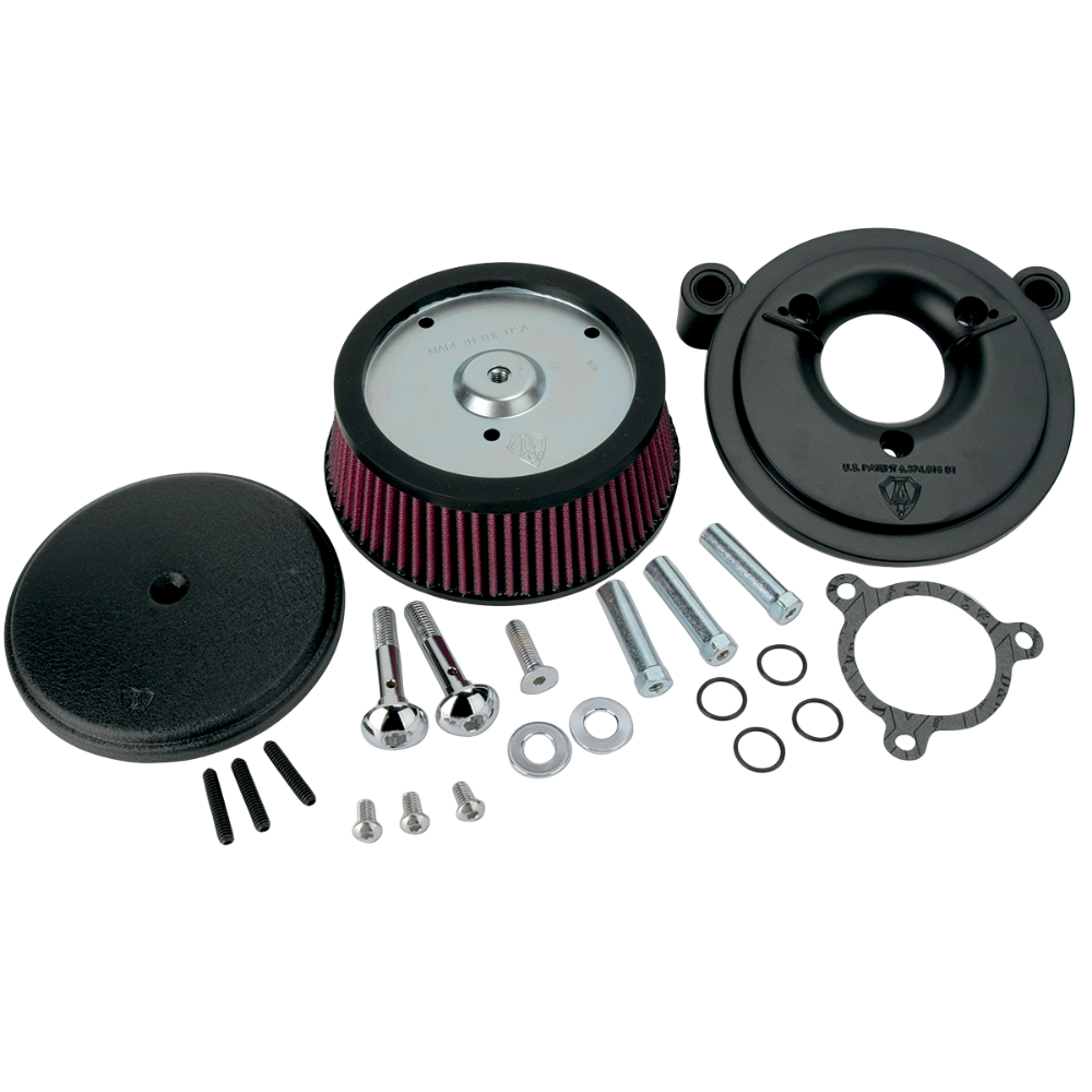 The Arlen Ness Big Sucker Stage 1 Air Cleaner for late Harley-Davidson Twin Cam models features a round chrome housing, a pleated purple filter element, and two metal mounting tubes.