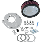 The Arlen Ness Big Sucker Stage 1 Air Cleaner, designed for 1988-2022 Harley-Davidson Sportster models, features a round chrome housing with a visible red pleated filter element and an attached metal fitting, all set against a white background. This high-performance air cleaner from Arlen Ness enhances your bike’s style while delivering increased horsepower.