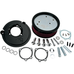 The Arlen Ness Big Sucker Stage 1 Air Cleaner, designed for 1988-2022 Harley-Davidson Sportster models, features a round chrome housing with a visible red pleated filter element and an attached metal fitting, all set against a white background. This high-performance air cleaner from Arlen Ness enhances your bike’s style while delivering increased horsepower.