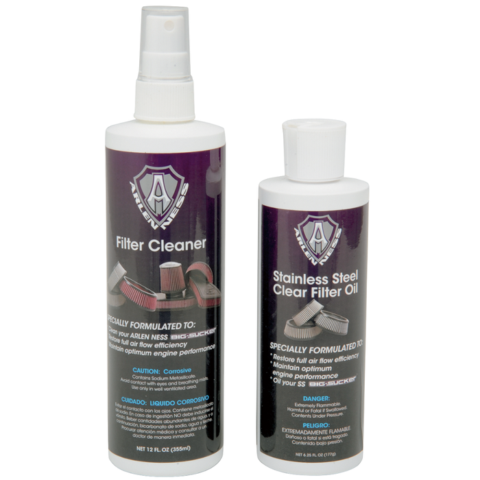 The Arlen Ness Air Filter Cleaner/Oil Kit by Arlen Ness features two bottles labeled “Filter Cleaner” and “Stainless Steel Clear Filter Oil,” displayed side by side against a white background. This essential kit helps keep your air filter in peak condition for optimal performance.