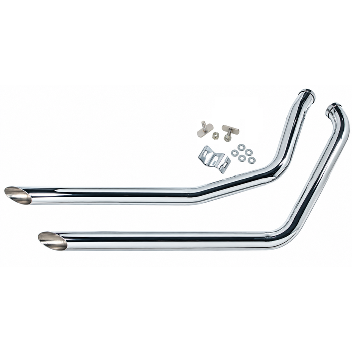A pair of Mid-USA Drag Pipes for 1986-1999 Harley-Davidson Softail motorcycles, featuring chrome construction and angled tips, are displayed with mounting hardware—including bolts, washers, and brackets—on a white background.