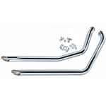 A pair of Mid-USA Drag Pipes for 1986-1999 Harley-Davidson Softail motorcycles, featuring chrome construction and angled tips, are displayed with mounting hardware—including bolts, washers, and brackets—on a white background.