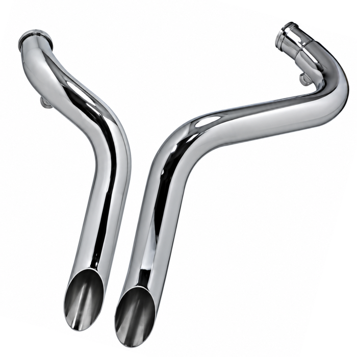 Two gleaming, curved chrome-plated Mid-USA LAF Pipes for 1984-2017 Harley-Davidson Big Twin motorcycles, featuring oval openings, are displayed side by side against a white background.