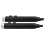Four Mid-USA Powerhouse Slip-On Mufflers for 1985-2016 Harley-Davidson Touring motorcycles—two in silver and two in black—are arranged horizontally against a white background, capturing the classic look of iconic Touring models. These mufflers from Mid-USA are engineered to provide the deep, signature exhaust rumble that Harley-Davidson enthusiasts desire.