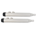 Four Mid-USA Powerhouse Slip-On Mufflers for 1985-2016 Harley-Davidson Touring motorcycles—two in silver and two in black—are arranged horizontally against a white background, capturing the classic look of iconic Touring models. These mufflers from Mid-USA are engineered to provide the deep, signature exhaust rumble that Harley-Davidson enthusiasts desire.