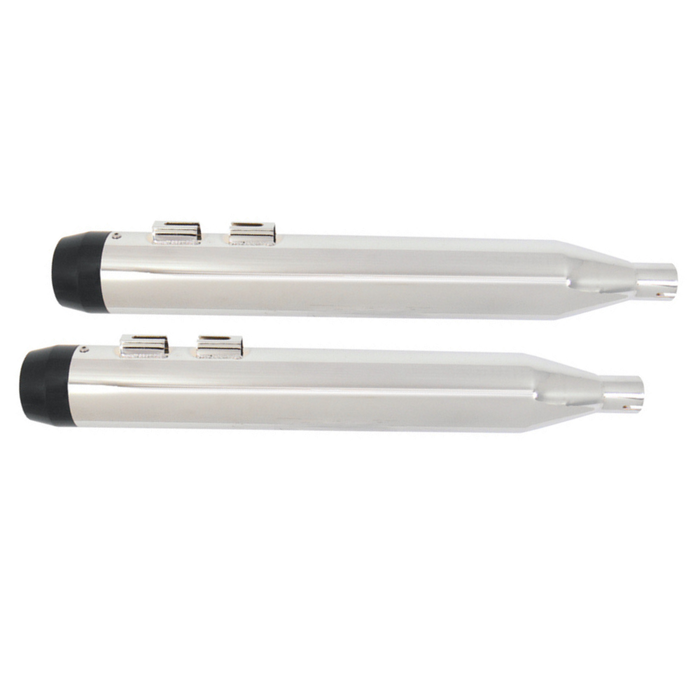 Four Mid-USA Powerhouse Slip-On Mufflers for 1985-2016 Harley-Davidson Touring motorcycles—two in silver and two in black—are arranged horizontally against a white background, capturing the classic look of iconic Touring models. These mufflers from Mid-USA are engineered to provide the deep, signature exhaust rumble that Harley-Davidson enthusiasts desire.