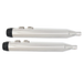 Four Mid-USA Powerhouse Slip-On Mufflers for 1985-2016 Harley-Davidson Touring motorcycles—two in silver and two in black—are arranged horizontally against a white background, capturing the classic look of iconic Touring models. These mufflers from Mid-USA are engineered to provide the deep, signature exhaust rumble that Harley-Davidson enthusiasts desire.