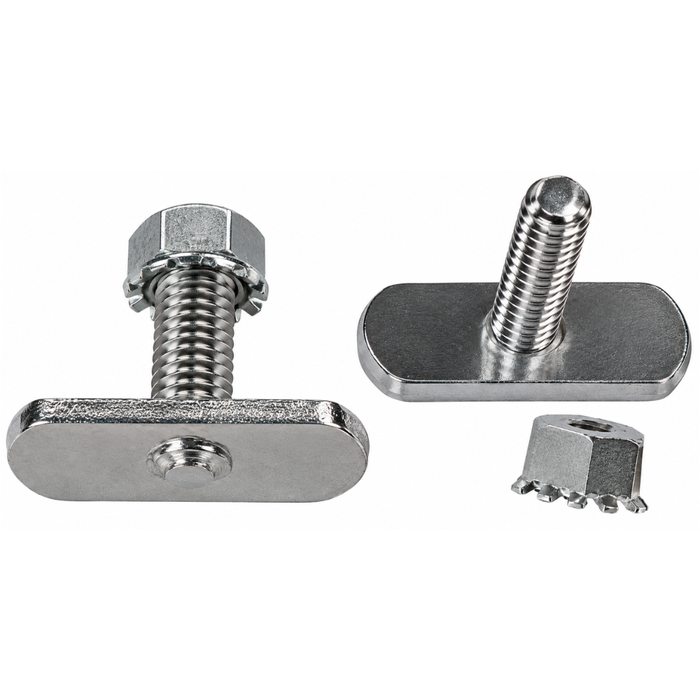 A pair of Mid-USA Exhaust Channel T-Bolts with threaded shafts and rectangular heads, each supplied with a hex nut and a serrated washer, shown on a white background—perfect aftermarket or replacement fasteners for exhaust mounting from Mid-USA.