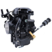 Two Moto Iron® CV Carburetors for Harley-Davidson are shown; one features a silver finish with visible springs and levers, evoking the style of classic Harley carburetors, while the other is black and equipped with sensors and attached cables. Both display intake and fuel control mechanisms.