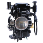 Two Moto Iron® CV Carburetors for Harley-Davidson are shown; one features a silver finish with visible springs and levers, evoking the style of classic Harley carburetors, while the other is black and equipped with sensors and attached cables. Both display intake and fuel control mechanisms.