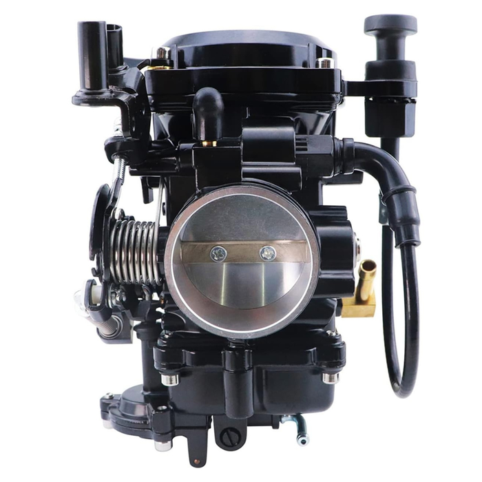 Two Moto Iron® CV Carburetors for Harley-Davidson are shown; one features a silver finish with visible springs and levers, evoking the style of classic Harley carburetors, while the other is black and equipped with sensors and attached cables. Both display intake and fuel control mechanisms.