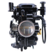 Two Moto Iron® CV Carburetors for Harley-Davidson are shown; one features a silver finish with visible springs and levers, evoking the style of classic Harley carburetors, while the other is black and equipped with sensors and attached cables. Both display intake and fuel control mechanisms.