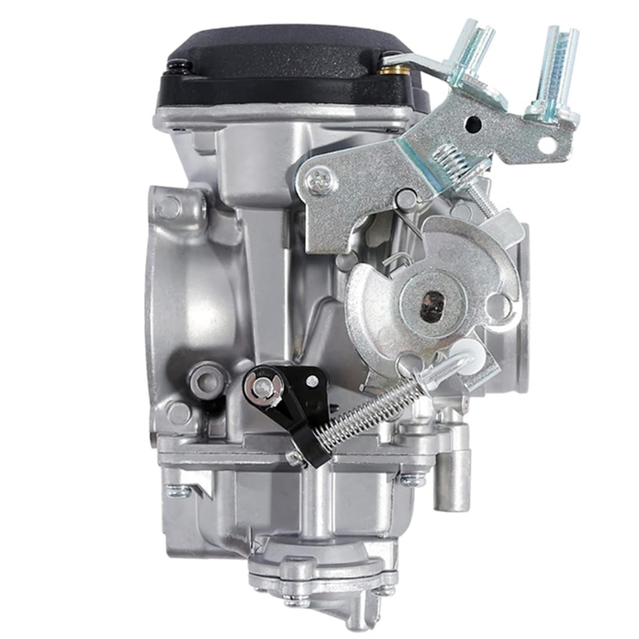 Two Moto Iron® CV Carburetors for Harley-Davidson are shown; one features a silver finish with visible springs and levers, evoking the style of classic Harley carburetors, while the other is black and equipped with sensors and attached cables. Both display intake and fuel control mechanisms.
