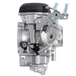 Two Moto Iron® CV Carburetors for Harley-Davidson are shown; one features a silver finish with visible springs and levers, evoking the style of classic Harley carburetors, while the other is black and equipped with sensors and attached cables. Both display intake and fuel control mechanisms.