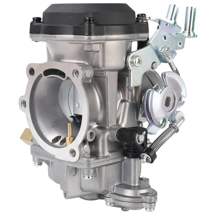 Two Moto Iron® CV Carburetors for Harley-Davidson are shown; one features a silver finish with visible springs and levers, evoking the style of classic Harley carburetors, while the other is black and equipped with sensors and attached cables. Both display intake and fuel control mechanisms.