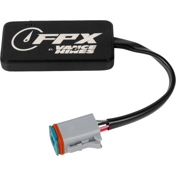 A black Vance and Hines FPX Trak & Tune Tuner for 2014-2020 Harley-Davidson—Gray 6-pin CAN Bus Data Port Connector with a white logo connected to a gray six-pin electrical connector by a short cable.