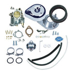 The S&S Cycle Super E Carburetor Kit for 1966-1978 Harley-Davidson Big Twin includes a carburetor, air filter, metal covers, hoses, clamps, gaskets, screws, and hardware—essential parts for precise fuel tuning—shown on a white background.
