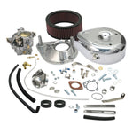 S&S Cycle Super E Carburetor Kit for 1979-1984 Harley-Davidson Big Twin includes metal parts, hoses, screws, gaskets, and a round air filter, all displayed on a white background.