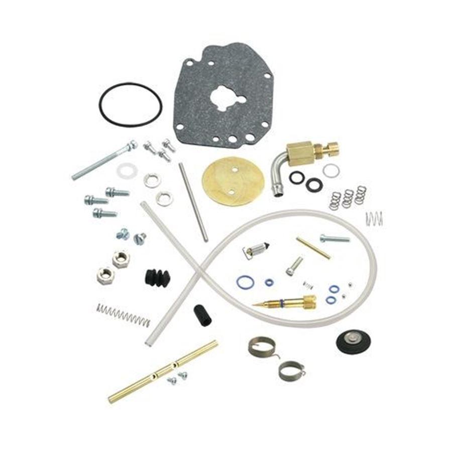 The S&S Cycle S&S Super E Carburetor Master Rebuild Kit displays assorted parts—gaskets, springs, screws, hose, clips, and metal fittings—on a white background.
