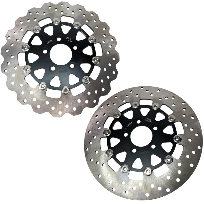 The TC Bros. 11.8in Profile™ Rear Floating Brake Rotor, designed with circular holes and a wave-like edge, features a black center. It&