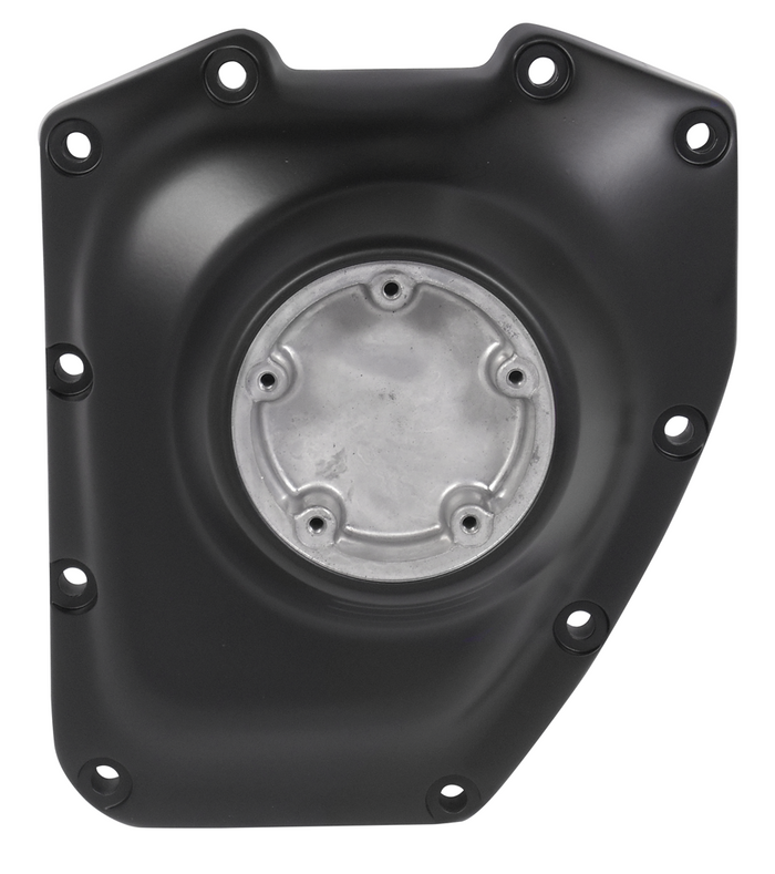The Mid-USA Cam Cover for 2001-2017 Harley-Davidson Twin Cam features a black metal design with multiple bolt holes and a central raised circular section accented by a silver metallic component.