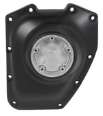 The Mid-USA Cam Cover for 2001-2017 Harley-Davidson Twin Cam features a black metal design with multiple bolt holes and a central raised circular section accented by a silver metallic component.