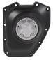 The Mid-USA Cam Cover for 2001-2017 Harley-Davidson Twin Cam features a black metal design with multiple bolt holes and a central raised circular section accented by a silver metallic component.