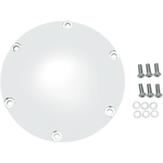 Three round metal plates, each featuring six holes—one in white, one in black, and one in dark gray—are displayed against a white background. These are Universal Derby Covers by Universal, designed to fit 2004-2022 Harley-Davidson Sportster models.