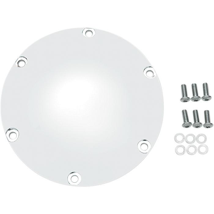 Mid-USA Chrome Clutch Cover for 2004-2022 Harley-Davidson Sportster shown in chrome with six holes, screws, and washers on a white background. Ideal upgrade for your Sportster.
